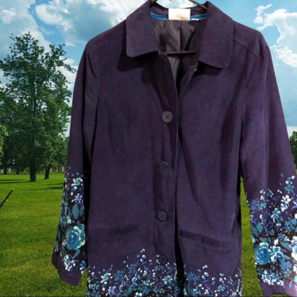 Denim & Co. Navy  3/4 Corduroy Floral Jacket Sz Sm